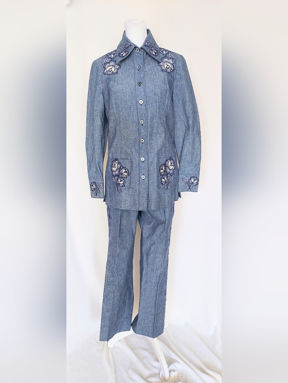 Manning Silver Custom Tailored  2pc Denim Pantsuit Size 10 VTG 1970
